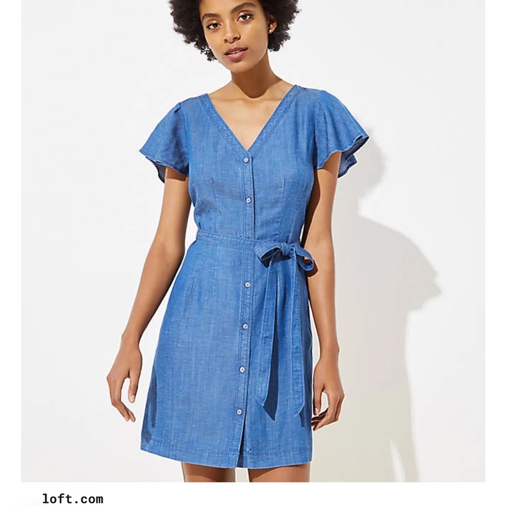 LOFT Chambray Flutter Tie-Waist Shirt dress Blue Denim Mini Dress